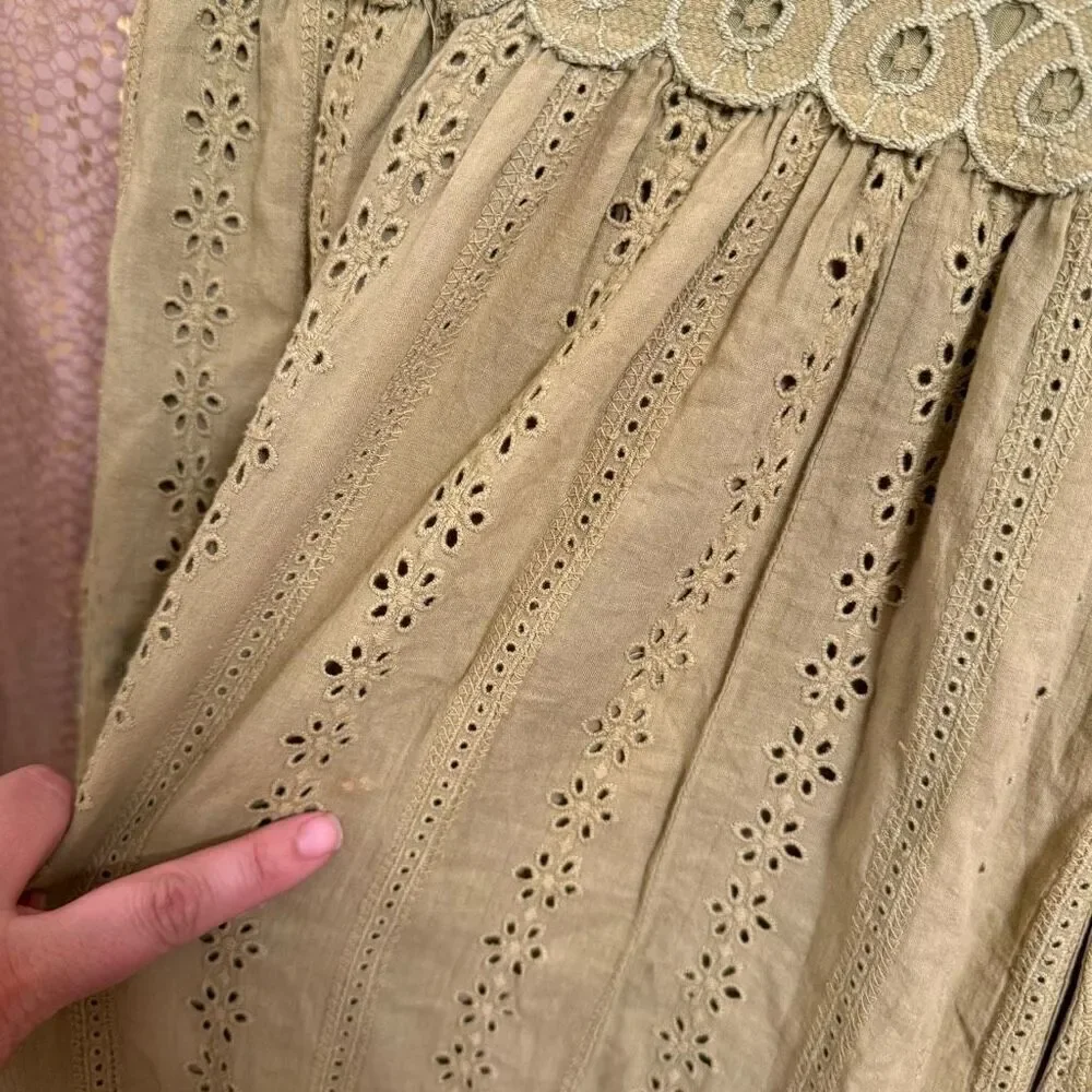 Mahina Hawaii Olive Green Crochet Top Boho Eyelet Maxi Dress Medium - Picture 5 of 9